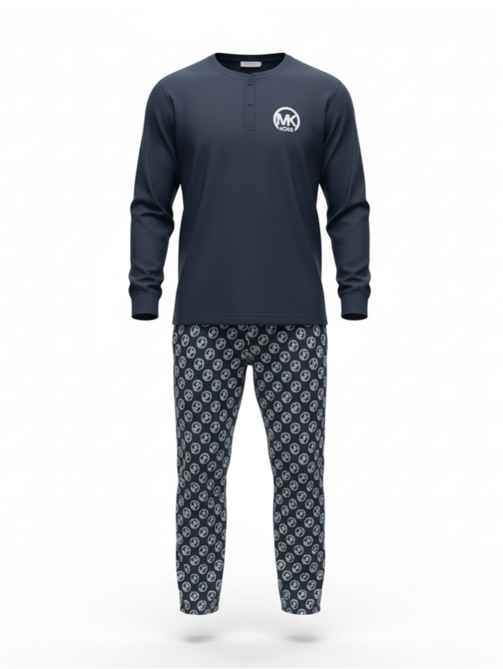 Michael Kors Men’s Pajama Set Size M Blue Henley MK Logo Print Lounge Pants
